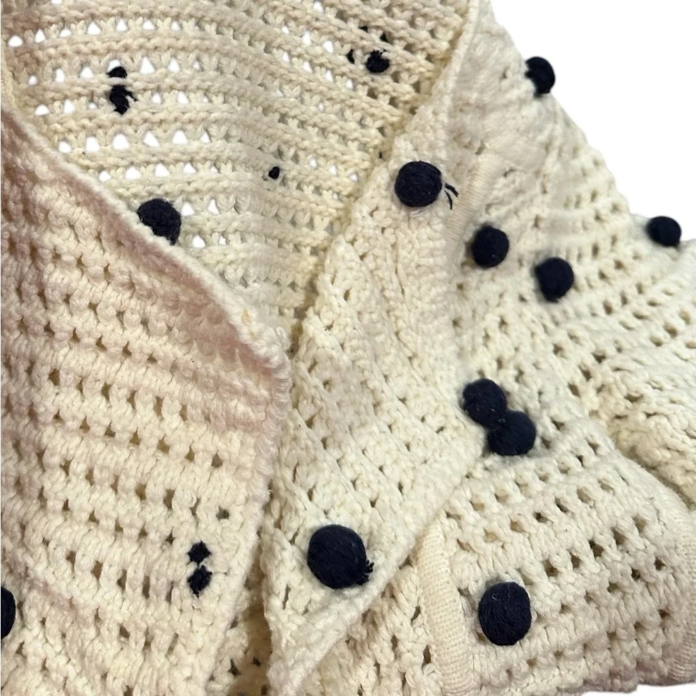 ANTHROPOLOGIE MOTH POMPOM Cream Black Polka Dot Zippered Jacket Sweater Cardigan - Picture 6 of 8
